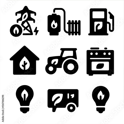 Bioenergy Icon Set. Solid, filled icon set of bioenergy applications: electricity generation, heating system, vehicle fuel,