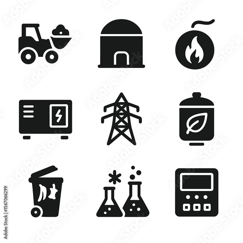 Bioenergy Icons Set. Solid, filled icon set of bioenergy production process: feedstock loading, fermentation tank, methane gas,