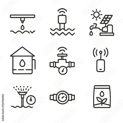 Irrigation Innovation Icons. Outline icon set of water-efficient irrigation innovations: drip emitter, moisture sensor node, solar