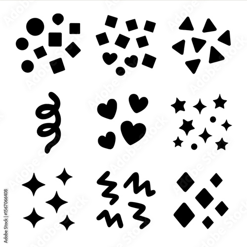 Black Confetti Icons. Solid, filled icon set of confetti shapes and patterns: round confetti, square paper, triangle flakes,
