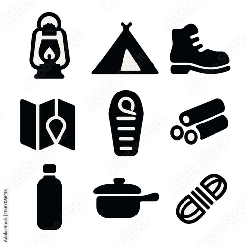 Camping Essentials Icons. Solid, filled icon set of camping essentials: lantern, tent, hiking boot, map, sleeping bag, firewood,