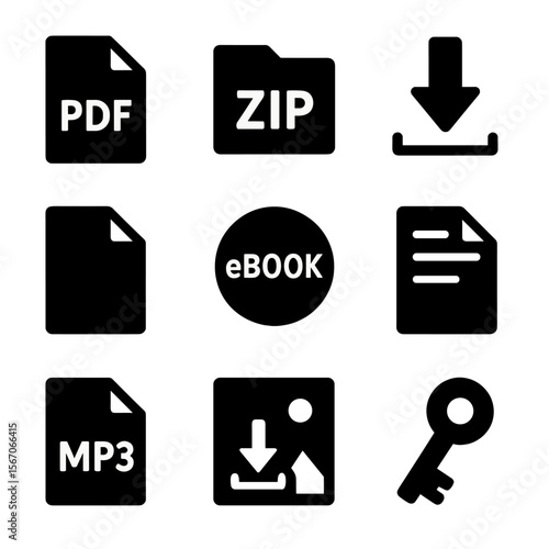 Black Download Icons Set. Solid, filled icon set of CTAs for digital downloads: PDF icon, ZIP folder, download arrow, file icon,