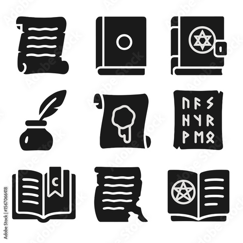 Ancient Scrolls & Grimoires Icons. Solid, filled icons set of ancient scrolls and grimoires: aged parchment,