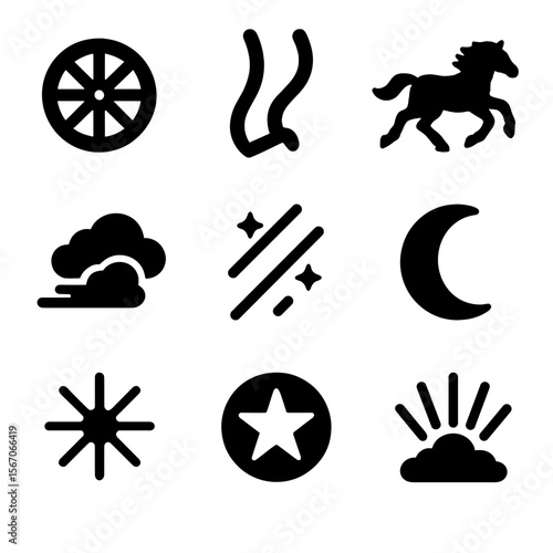 Celestial Chariot Icon Set. Solid, filled icon set of celestial chariot elements: wheels, reins, horses galloping, clouds trailing