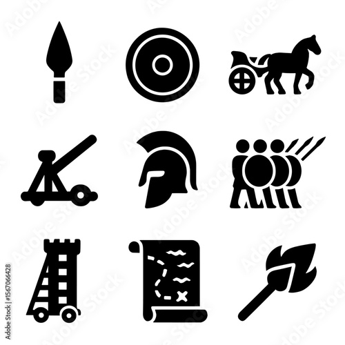 Ancient Warfare Icons. Solid, filled icons set of ancient warfare: spearhead, round shield, chariot, catapult,