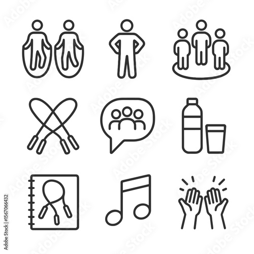 Jump Rope Icon Set. Outline icon set of group jump rope session: two people jumping, instructor silhouette, group circle formation