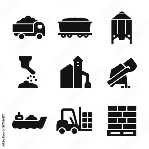 Black Icon Grid. Solid, filled icon set of grain transportation: grain truck, freight train, silo, grain elevator, loading chute,