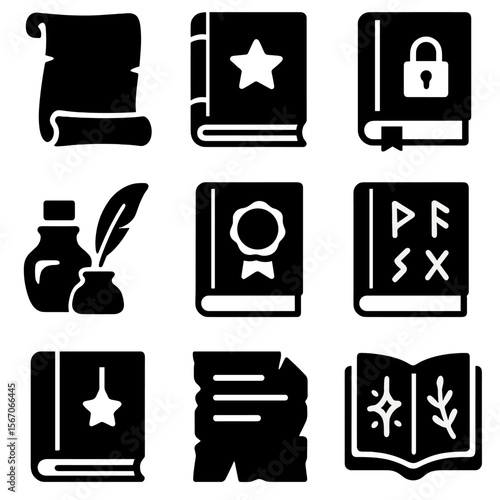 Ancient Scrolls & Grimoires Icons. Solid, filled icons set of ancient scrolls and grimoires: aged parchment,