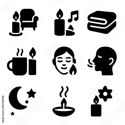 Candlelit Ambiance Icons. Solid, filled icon set of candle ambiance: cozy room, dim light, relaxing music, soft blanket, warm