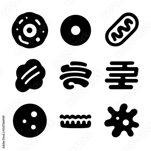 Cell Biology Icons. Solid, filled icon set of cellular biology: cell, nucleus, mitochondrion, ribosome, endoplasmic reticulum,