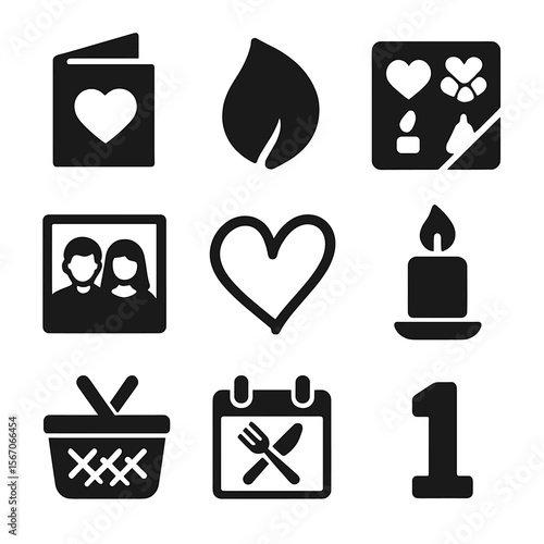Anniversary Gift Icons. Solid, filled icons set of first-year anniversary gifts: paper card, rose petal, sweet