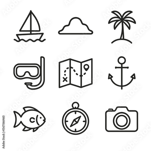 Island Adventure Icons. Outline icon set of remote island-hopping adventures: sailboat, island silhouette, palm tree, snorkel mask