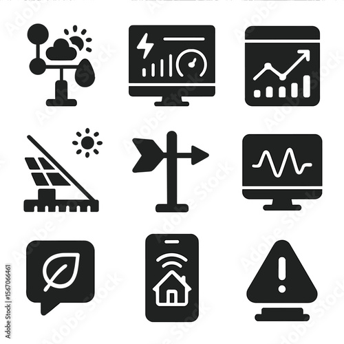 Alternative Energy Icons. Solid, filled icons set of alternative energy monitoring: weather station, energy