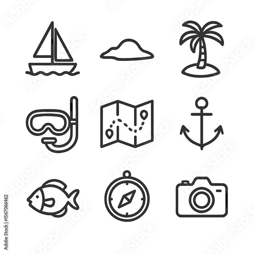 Island Adventure Icons. Outline icon set of remote island-hopping adventures: sailboat, island silhouette, palm tree, snorkel mask