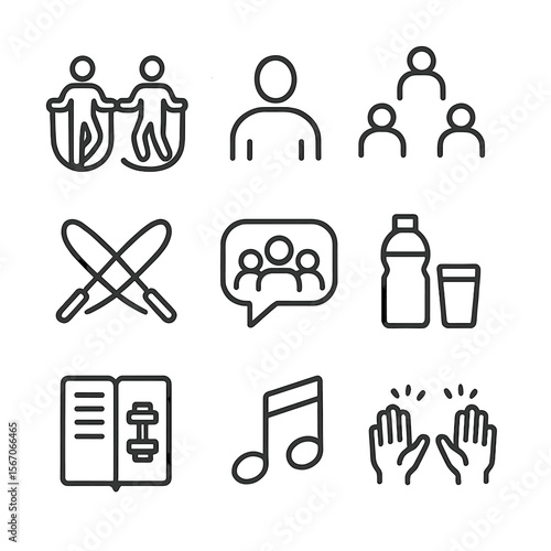 Jump Rope Icon Set. Outline icon set of group jump rope session: two people jumping, instructor silhouette, group circle formation