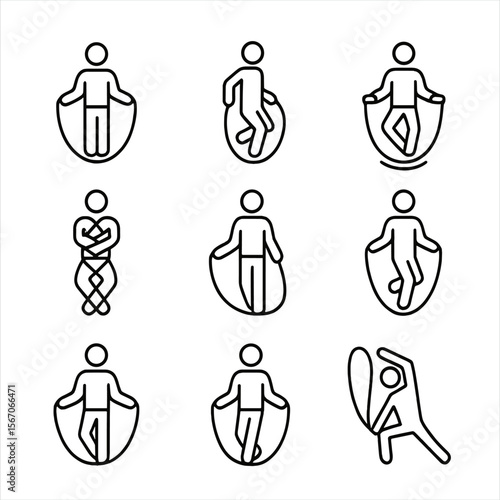 Jump Rope Icons. Outline icon set of jump rope techniques: basic jump, high-knee jump, double under, criss-cross jump, side swing,