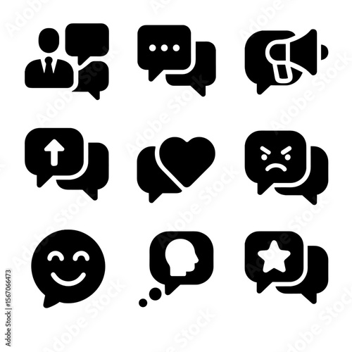 Black Dialogue Icons. Solid, filled icon set of dialogue styles: formal, informal, persuasive, instructional, empathetic,