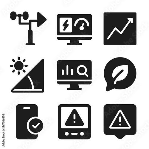 Alternative Energy Icons. Solid, filled icons set of alternative energy monitoring: weather station, energy