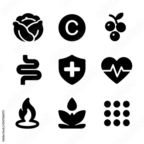 Cabbage Health Icons. Solid, filled icon set of cabbage nutrition and health: vitamin C, fiber, antioxidants, digestion, immune