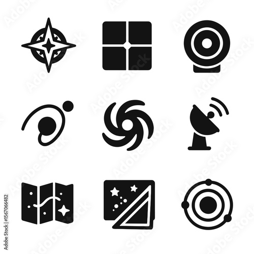 Celestial Navigation Icons. Solid, filled icon set of Milky Way map and navigation: star compass, celestial coordinates, telescope