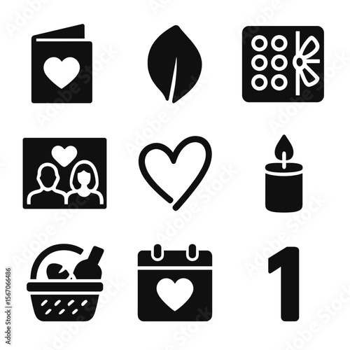 Anniversary Gift Icons. Solid, filled icons set of first-year anniversary gifts: paper card, rose petal, sweet