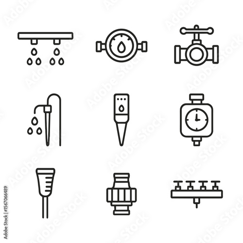 Irrigation System Icons. Outline icon set of irrigation row management: drip irrigation header, water flow meter, valve control