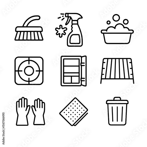 Kitchen Cleaning Icon Set. Outline icon set of deep kitchen cleaning: scrub brush, degreaser spray bottle, sink basin with suds,