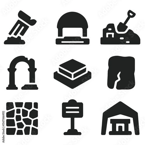 Ancient Ruins Icons. Solid, filled icons set of preserved ruins: broken column, half-dome, excavation site,