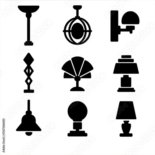 Art Deco Lighting Icons. Solid, filled icons set of Art Deco home lighting: torchère lamp, globe chandelier,
