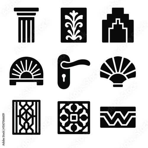 Art Deco Icon Grid. Solid, filled icons set of architectural Art Deco elements: fluted column, decorative