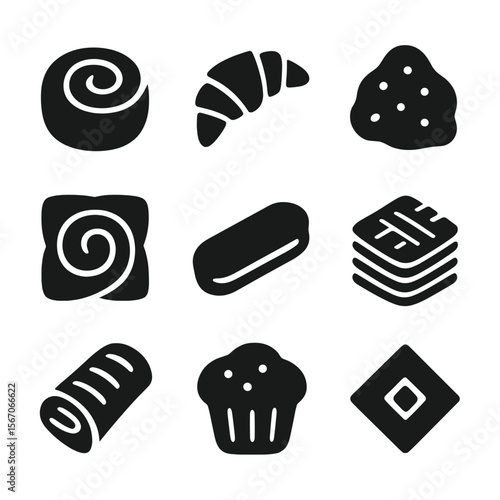 Black Pastry Icons. Solid, filled icon set of sweet pastries and baked goods: cinnamon roll, croissant, scone, danish pastry,