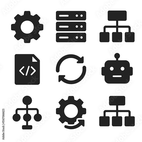 Automation Icons Grid. Solid, filled icons set of automation and systems building: cogwheel, server stack,