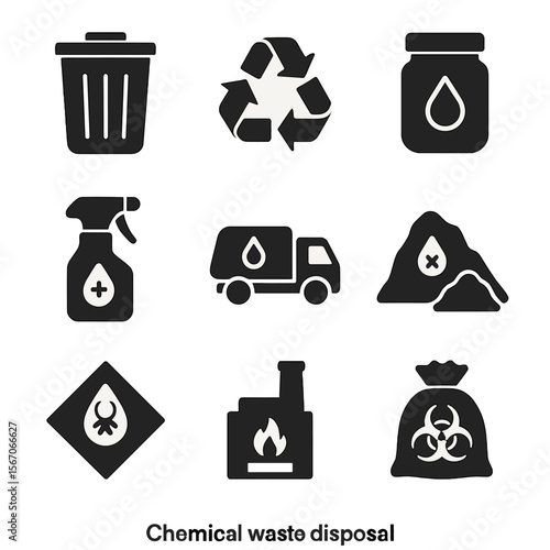 Chemical Waste Icons. Solid, filled icon set of chemical waste disposal: waste bin, recycling symbol, sealed container, chemical