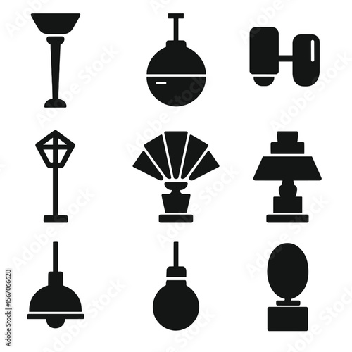Art Deco Lighting Icons. Solid, filled icons set of Art Deco home lighting: torchère lamp, globe chandelier,