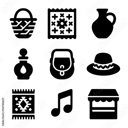 Artisan Market Icons. Solid, filled icons set of cultural artisan markets: woven basket, folk embroidery,