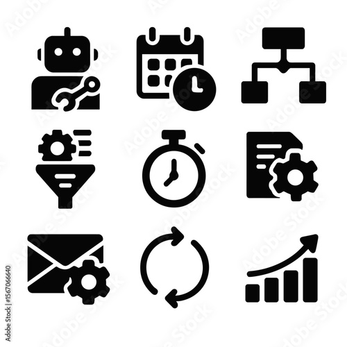 Automation Icons Grid. Solid, filled icons set of automation and efficiency tech: robotic process icon, task