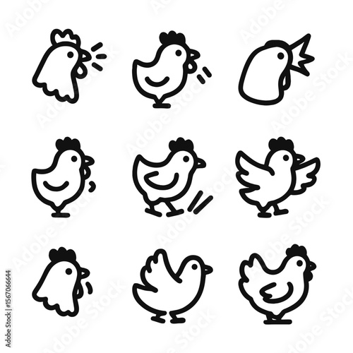 Chicken Sound Icons. Solid, filled icon set of chicken sounds and communication: crowing, clucking, alarm call, mating call,