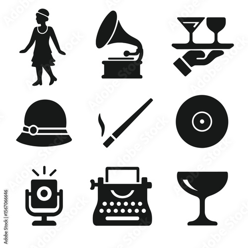 1920s Art Deco Icons. Solid, filled icons set of 1920s Art Deco influence: flapper silhouette, gramophone,