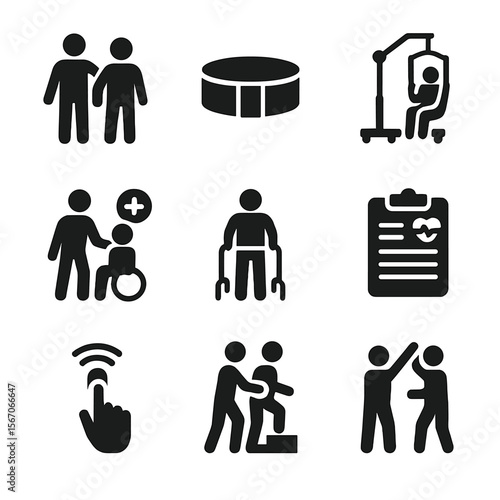 Caregiver Physiotherapy Icons. Solid, filled icon set of caregiver-assisted physiotherapy: caregiver figure, support belt,