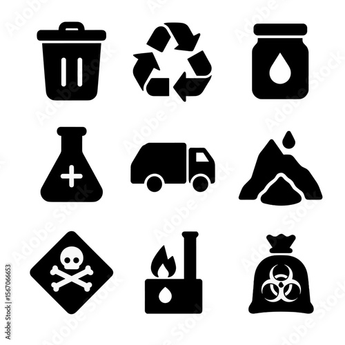 Chemical Waste Icons. Solid, filled icon set of chemical waste disposal: waste bin, recycling symbol, sealed container, chemical