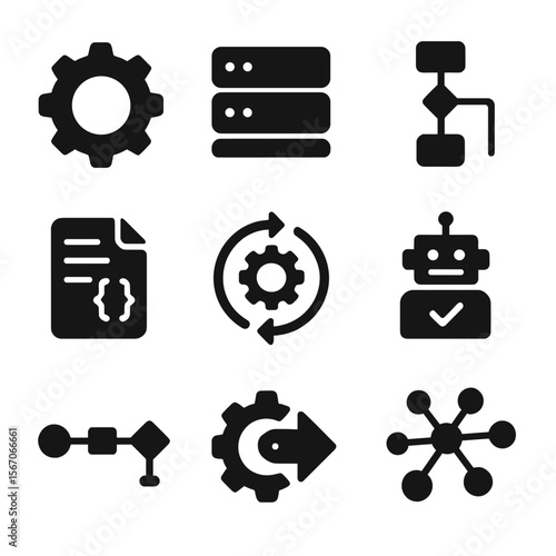 Automation Icons Grid. Solid, filled icons set of automation and systems building: cogwheel, server stack,