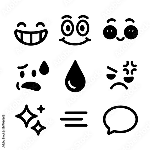 Cartoon Face Icons. Solid, filled icon set of funny faces cartoon styles: exaggerated smile, comic eyes, big blush, sweat drop,