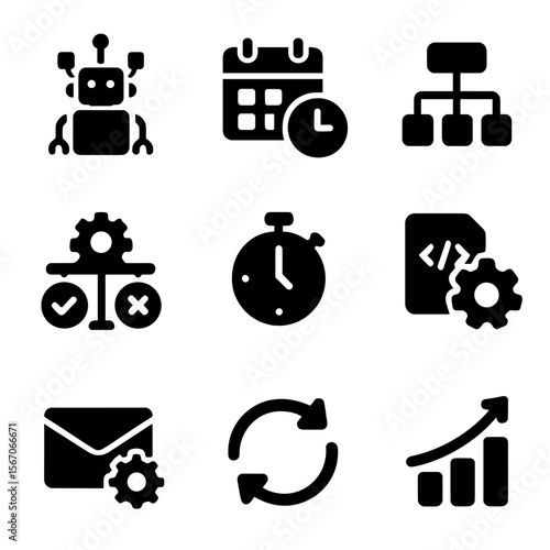 Automation Icons Grid. Solid, filled icons set of automation and efficiency tech: robotic process icon, task