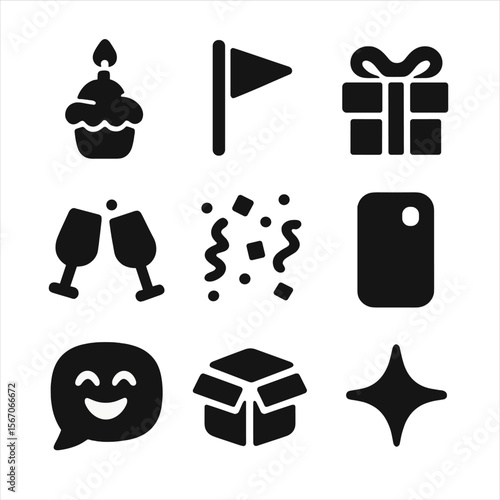 Celebration Icon Set. Solid, filled icon set of celebrating small moments: cupcake with candle, mini celebration flag, gift ribbon