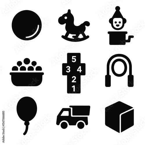 Child Bounce Toys Icons. Solid, filled icon set of child bounce toys: rubber ball, bouncing toy, jack-in-the-box, ball pit,