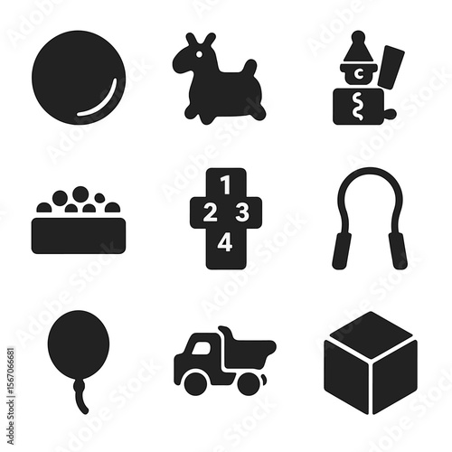 Child Bounce Toys Icons. Solid, filled icon set of child bounce toys: rubber ball, bouncing toy, jack-in-the-box, ball pit,