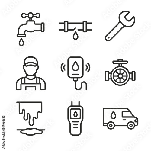 Leak Detection Icons. Outline icon set of leak detection and repair services: dripping faucet, pipe with leak drop, wrench tool,