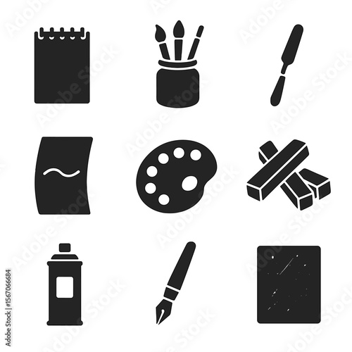 Art Supplies Icons. Solid, filled icons set of art supplies and materials: sketchpad, paintbrush jar, palette