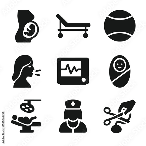 Childbirth Icon Set. Solid, filled icon set of childbirth process: pregnant belly, hospital bed, birthing ball, breathing woman,