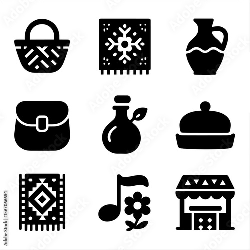 Artisan Market Icons. Solid, filled icons set of cultural artisan markets: woven basket, folk embroidery,